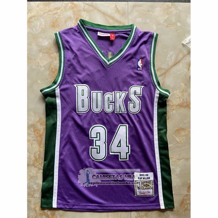 Camiseta Milwaukee Bucks Ray Allen NO 34 Mitchell & Ness 2001-02 Violeta